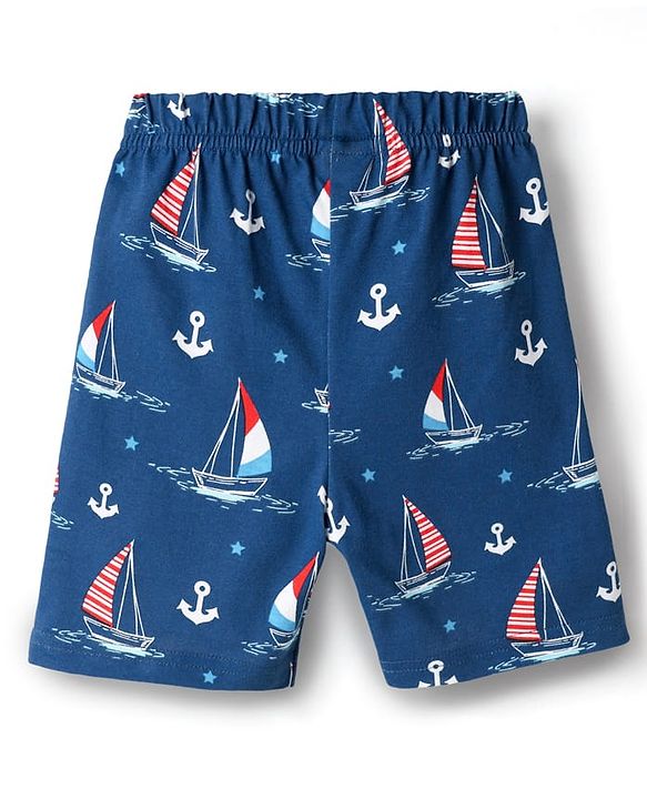 Babyhug Cotton Knit Half Sleeves Co-ords Shorts Night Suit with Nautical Theme Print - Navy Blue