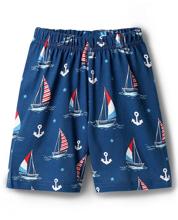 Babyhug Cotton Knit Half Sleeves Co-ords Shorts Night Suit with Nautical Theme Print - Navy Blue