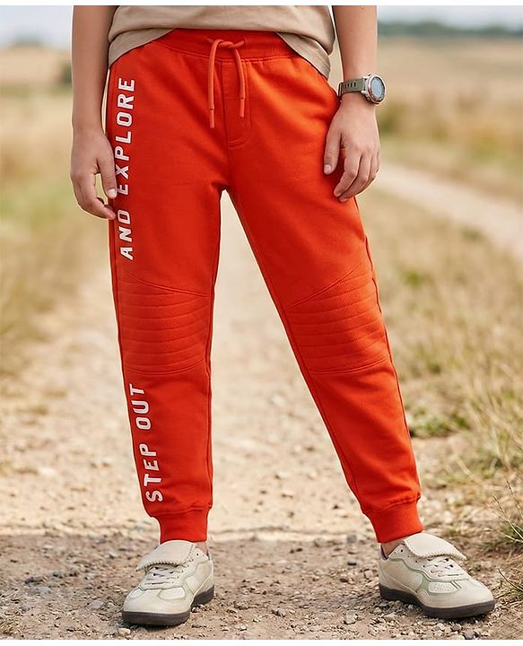 Pine Kids Knit Full Length Lounge Pants with Text Print -  Orange