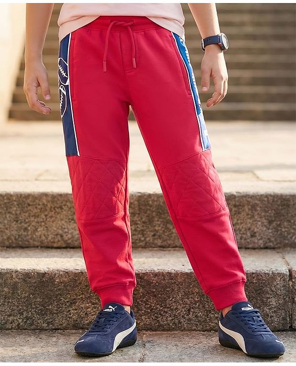 Pine Kids Knit Full Length Lounge Pant With Text Print - Red