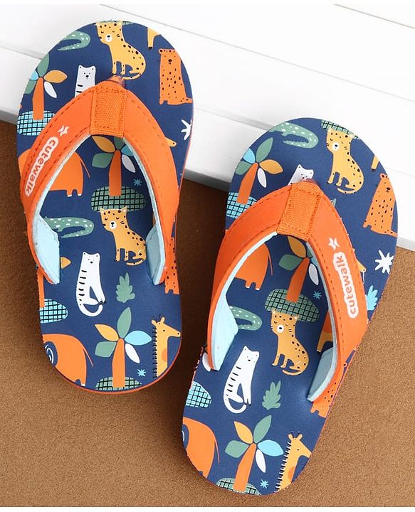 Cute Walk by Babyhug Casual Slip On Flip Flops with Animal Print - Blue & Orange