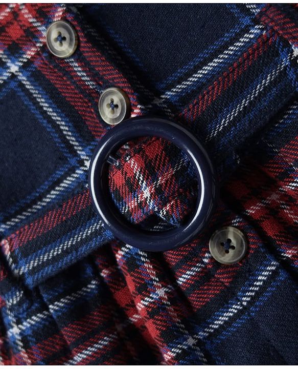 Babyhug Cotton Woven Full Sleeves Hooded Front Open Checks Frock With Belt - Navy Blue & Red