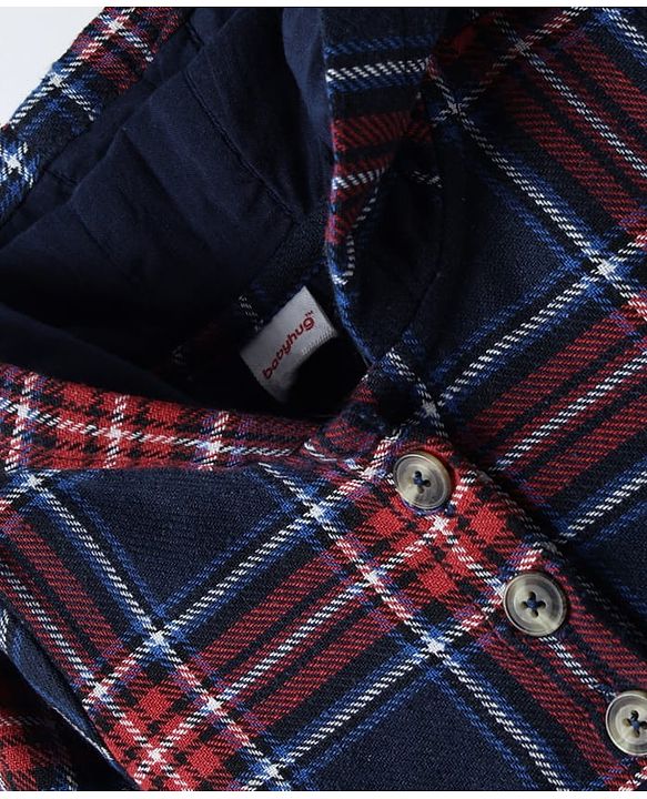 Babyhug Cotton Woven Full Sleeves Hooded Front Open Checks Frock With Belt - Navy Blue & Red