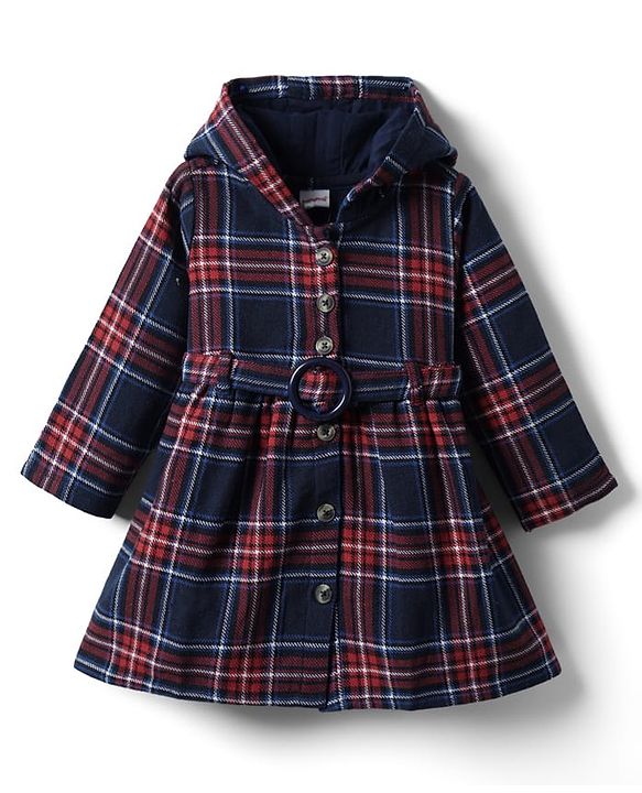 Babyhug Cotton Woven Full Sleeves Hooded Front Open Checks Frock With Belt - Navy Blue & Red