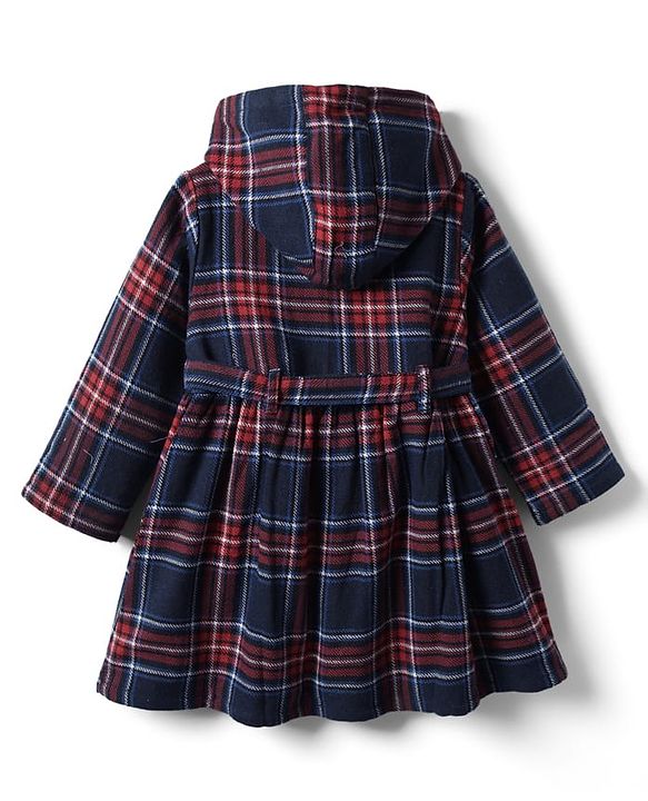 Babyhug Cotton Woven Full Sleeves Hooded Front Open Checks Frock With Belt - Navy Blue & Red