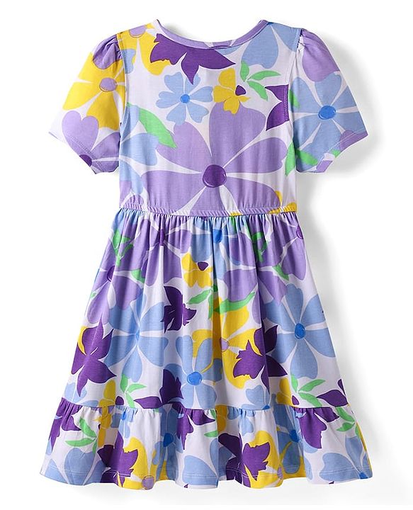 Pine Kids 100% Cotton Half Sleeves Floral Printed Tiered Frock - Purple