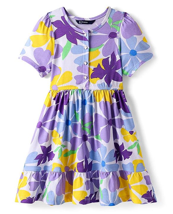 Pine Kids 100% Cotton Half Sleeves Floral Printed Tiered Frock - Purple