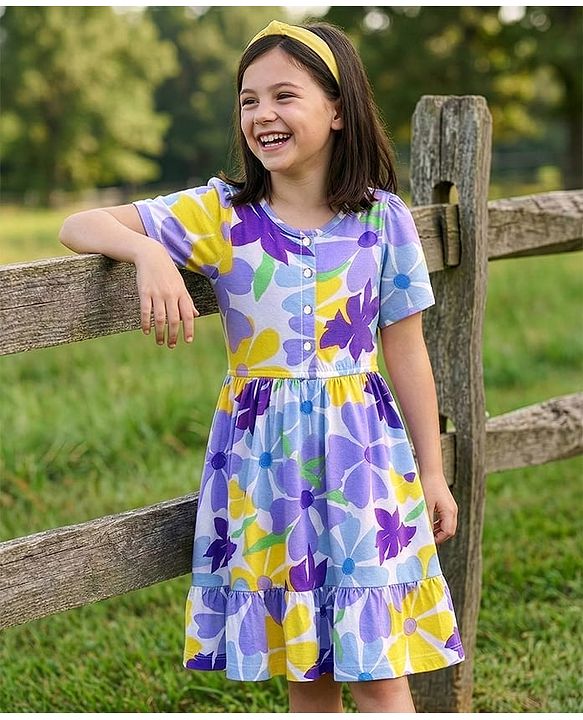 Pine Kids 100% Cotton Half Sleeves Floral Printed Tiered Frock - Purple