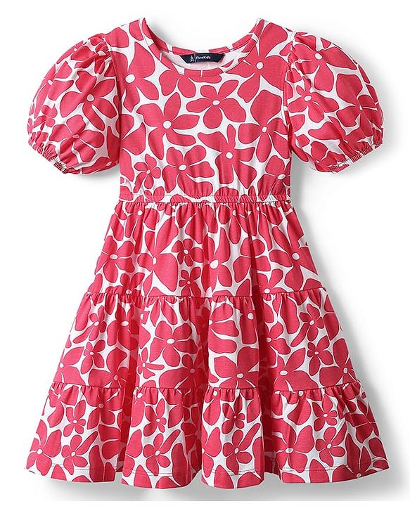 Pine Kids Cotton Knit Puffed Sleeves Frock with Floral Print - Dark Pink
