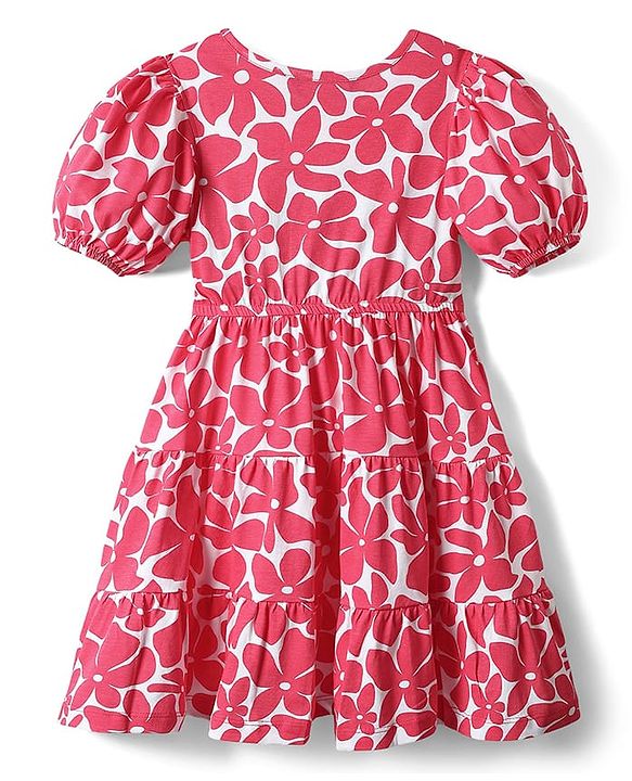 Pine Kids Cotton Knit Puffed Sleeves Frock with Floral Print - Dark Pink