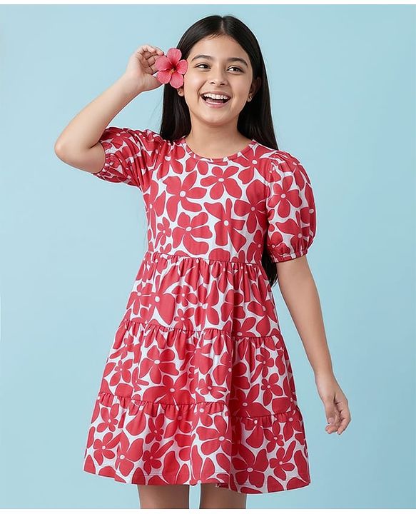 Pine Kids Cotton Knit Puffed Sleeves Frock with Floral Print - Dark Pink
