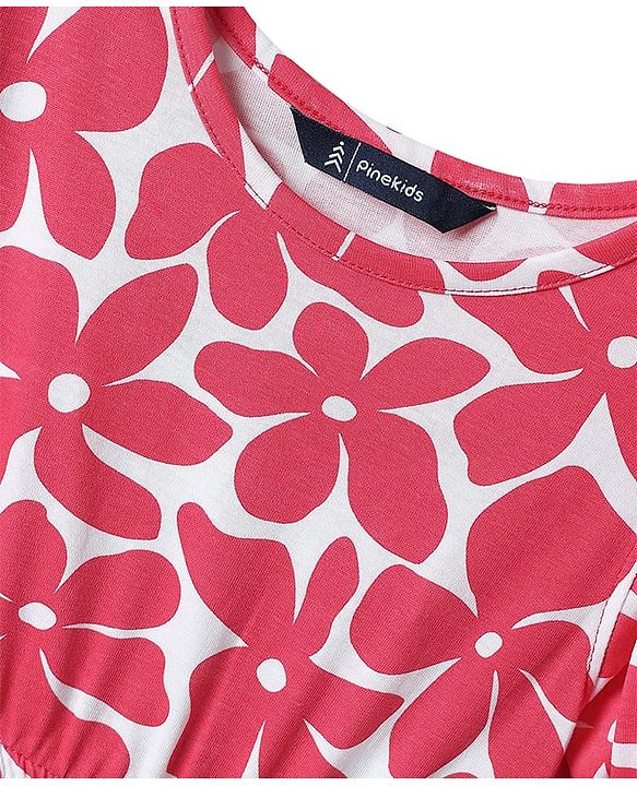 Pine Kids Cotton Knit Puffed Sleeves Frock with Floral Print - Dark Pink