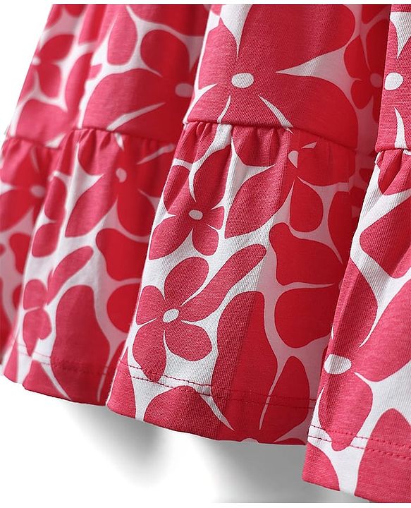 Pine Kids Cotton Knit Puffed Sleeves Frock with Floral Print - Dark Pink