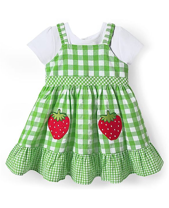 Babyhug Cotton Woven Checks Frock & Half Sleeves Inner Tee With Strawberry Embroidery - Green & White