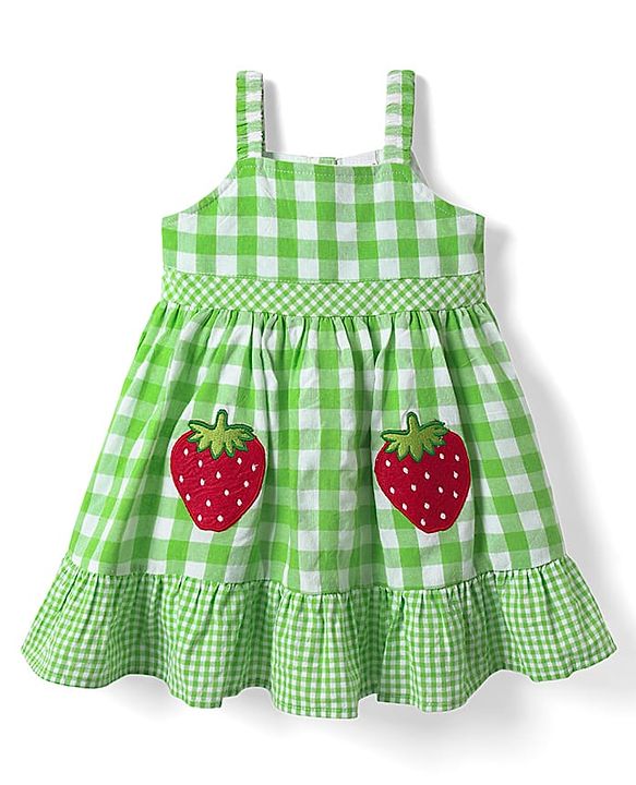 Babyhug Cotton Woven Checks Frock & Half Sleeves Inner Tee With Strawberry Embroidery - Green & White