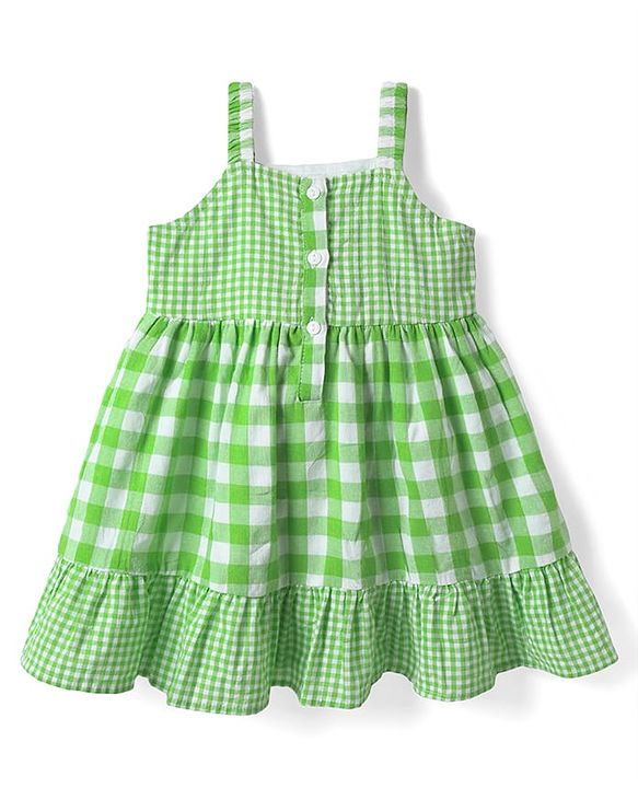 Babyhug Cotton Woven Checks Frock & Half Sleeves Inner Tee With Strawberry Embroidery - Green & White