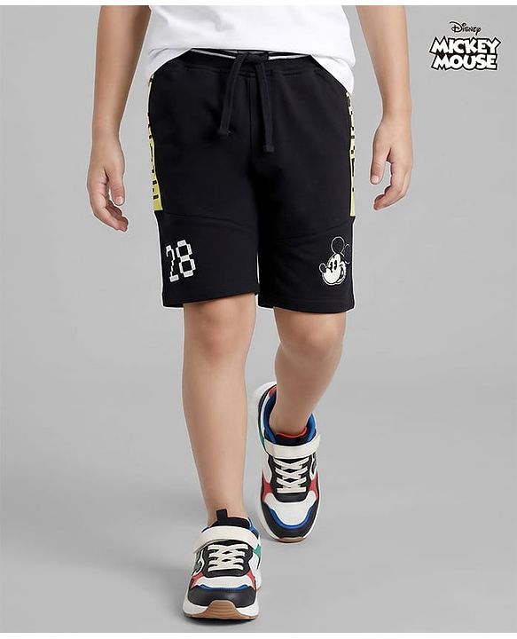 Pine Kids Disney Terry Knit Knee Length Shorts with Cut & Sew Design & Mickey Mouse Graphics - Black