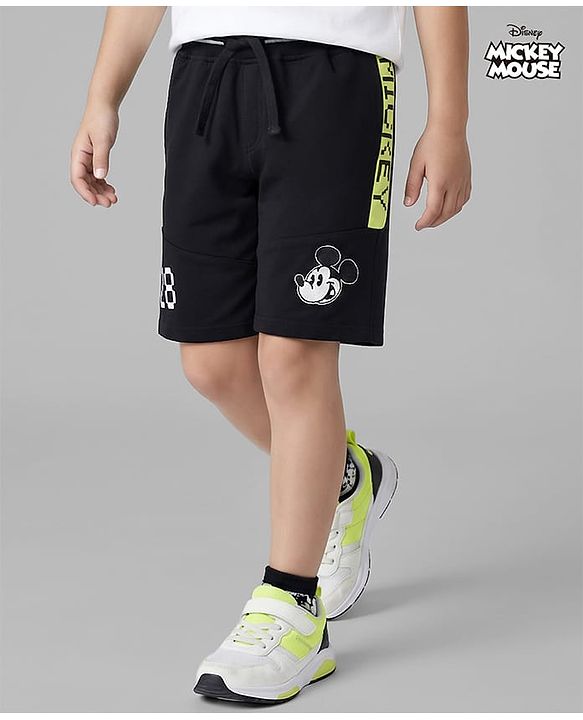 Pine Kids Disney Terry Knit Knee Length Shorts with Cut & Sew Design & Mickey Mouse Graphics - Black