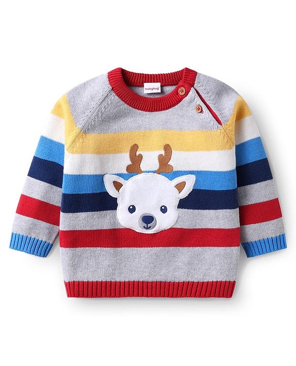 Babyhug Organic Cotton Knit Raglan Sleeves Sweater Set with Cap Reindeer Patch & Stripes - Grey & Red