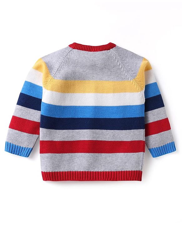 Babyhug Organic Cotton Knit Raglan Sleeves Sweater Set with Cap Reindeer Patch & Stripes - Grey & Red