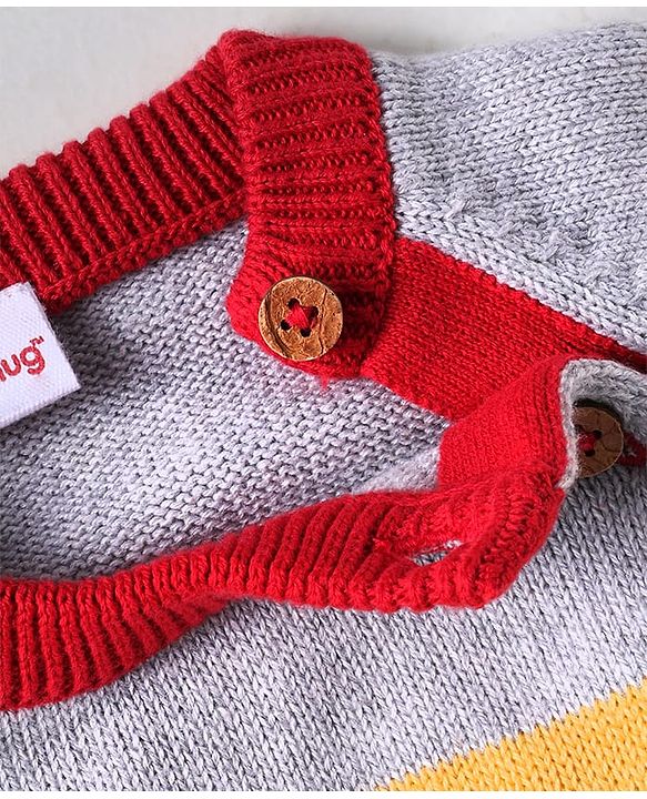 Babyhug Organic Cotton Knit Raglan Sleeves Sweater Set with Cap Reindeer Patch & Stripes - Grey & Red