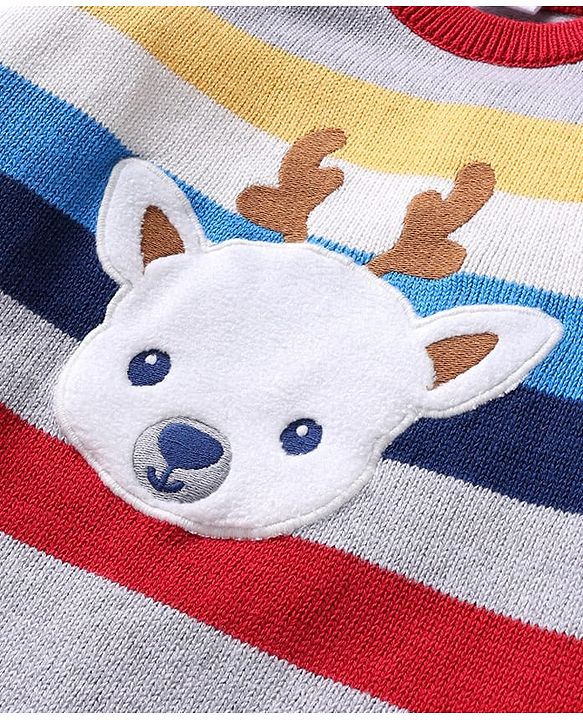 Babyhug Organic Cotton Knit Raglan Sleeves Sweater Set with Cap Reindeer Patch & Stripes - Grey & Red