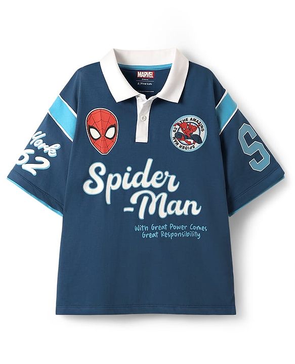 Pine Kids Marvel Single Jersey Knit Half Drop Shoulder Sleeves Polo T-Shirt with Spider Man Graphics - Navy Blue