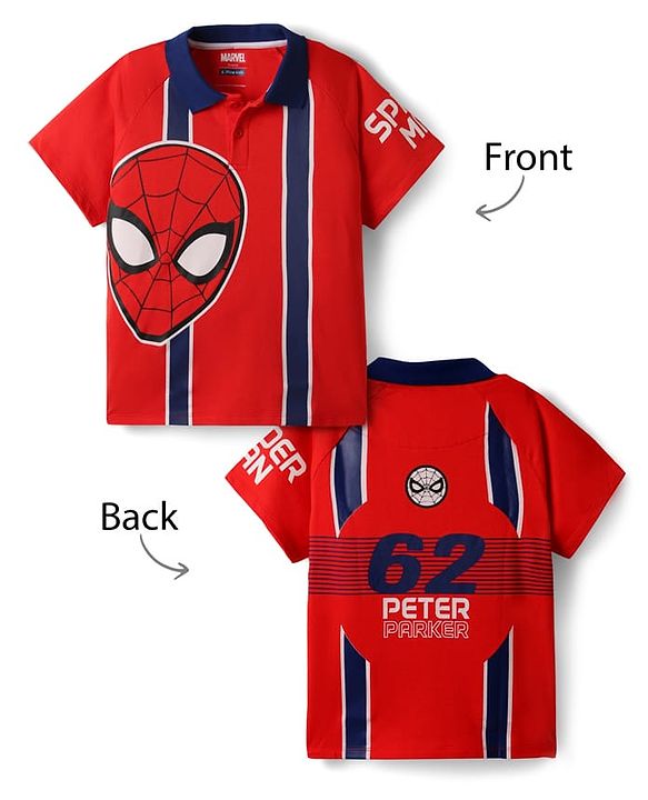 Pine Kids Marvel Single Jersey Knit Raglan Sleeves Polo T-Shirt with Front & Back Spider-Man Graphics - Red