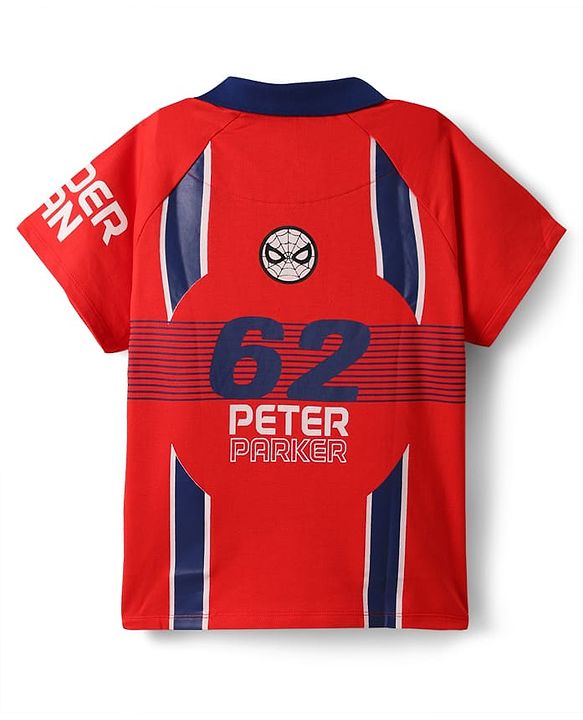 Pine Kids Marvel Single Jersey Knit Raglan Sleeves Polo T-Shirt with Front & Back Spider-Man Graphics - Red