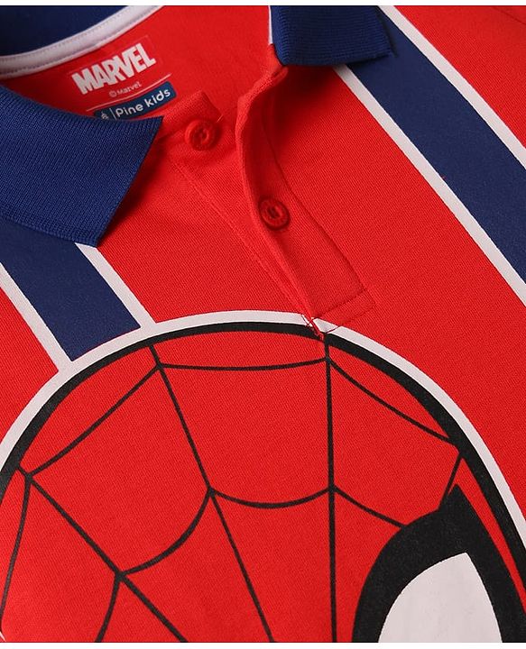 Pine Kids Marvel Single Jersey Knit Raglan Sleeves Polo T-Shirt with Front & Back Spider-Man Graphics - Red