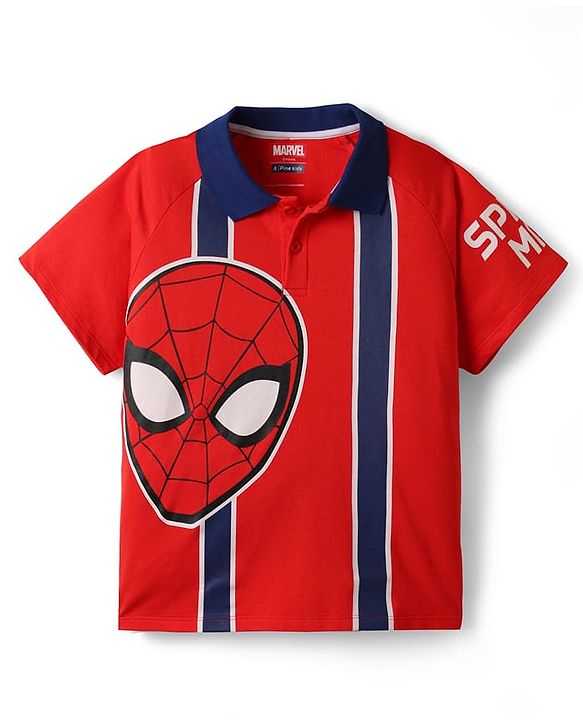 Pine Kids Marvel Single Jersey Knit Raglan Sleeves Polo T-Shirt with Front & Back Spider-Man Graphics - Red