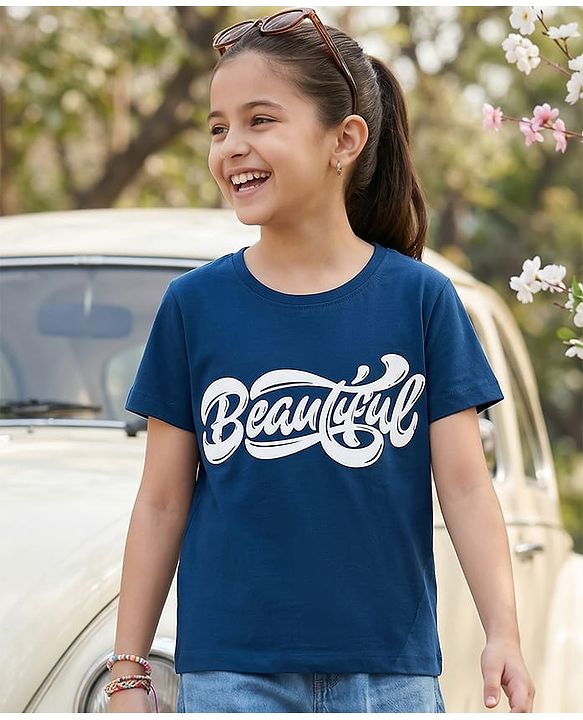 Pine Kids Cotton Knit Half Sleeves T-Shirt with Beautiful Text Print - Navy Blue