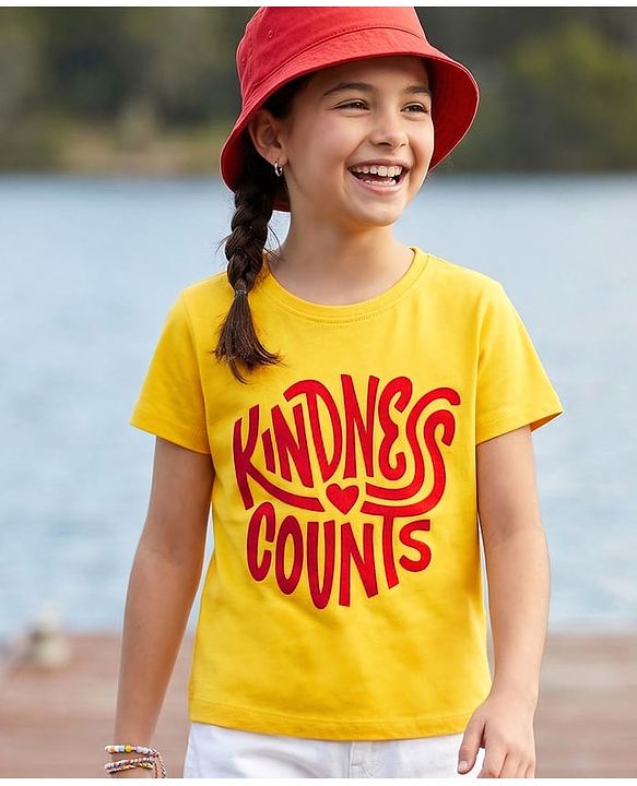 Pine Kids Cotton Knit Half Sleeves T-Shirt with Text Print - Yellow