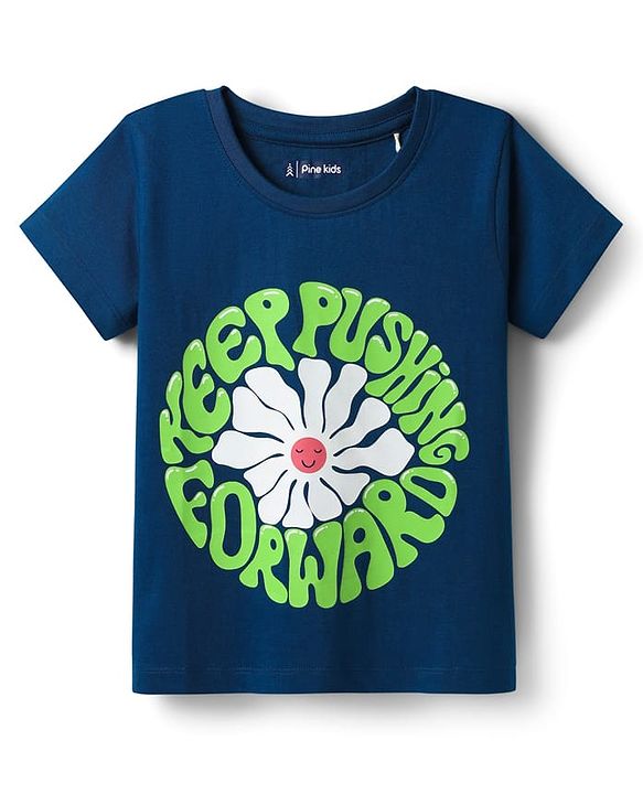 Pine Kids Cotton Knit Half Sleeves T-Shirt with Text Print - Navy Blue