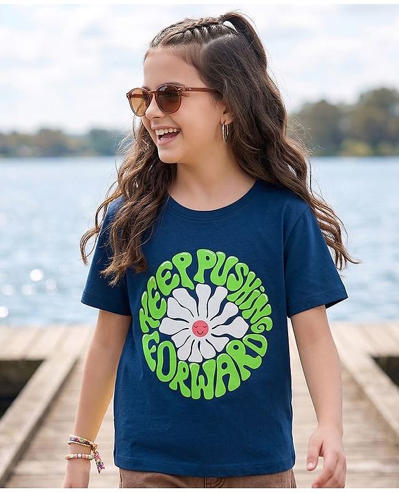 Pine Kids Cotton Knit Half Sleeves T-Shirt with Text Print - Navy Blue