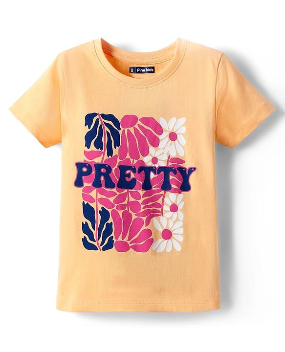 Pine Kids Cotton Kit Half Sleeves T-Shirt with Floral Print - Orange