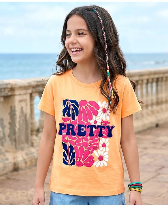 Pine Kids Cotton Kit Half Sleeves T-Shirt with Floral Print - Orange