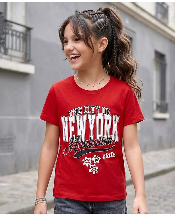 Pine Kids Cotton Knit Half Sleeves T-Shirt with Text Print - Red