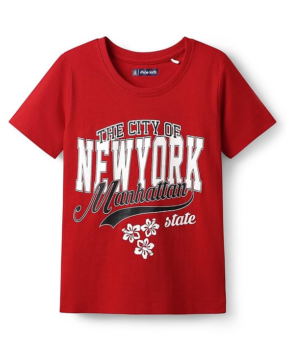Pine Kids Cotton Knit Half Sleeves T-Shirt with Text Print - Red