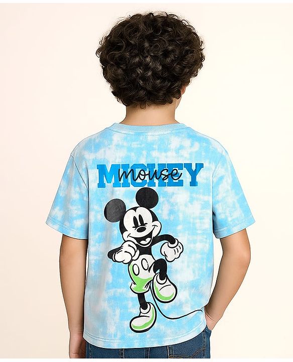 Pine Kids Disney Terry Knit Oversized Drop Shoulder Tie & Dye T-Shirts With Front & Back Mickey Mouse Graphics - Light Blue
