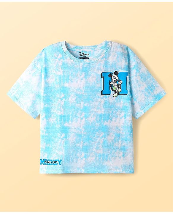 Pine Kids Disney Terry Knit Oversized Drop Shoulder Tie & Dye T-Shirts With Front & Back Mickey Mouse Graphics - Light Blue