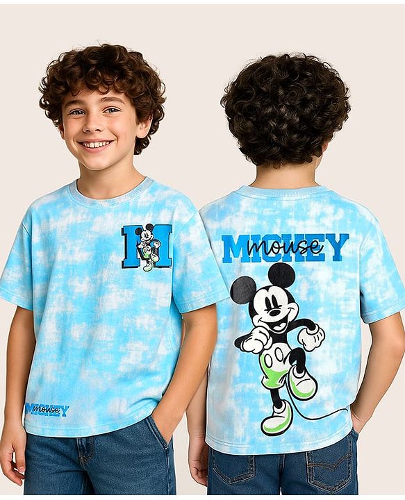 Pine Kids Disney Terry Knit Oversized Drop Shoulder Tie & Dye T-Shirts With Front & Back Mickey Mouse Graphics - Light Blue