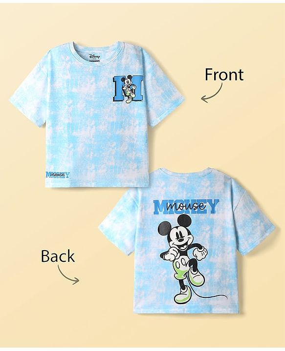 Pine Kids Disney Terry Knit Oversized Drop Shoulder Tie & Dye T-Shirts With Front & Back Mickey Mouse Graphics - Light Blue