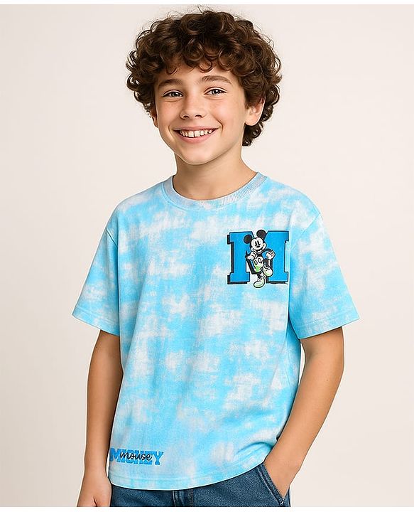 Pine Kids Disney Terry Knit Oversized Drop Shoulder Tie & Dye T-Shirts With Front & Back Mickey Mouse Graphics - Light Blue