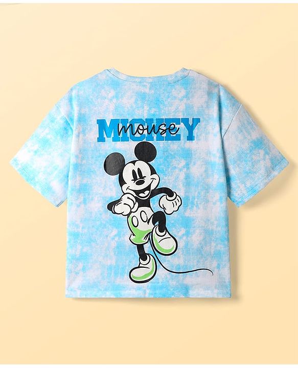 Pine Kids Disney Terry Knit Oversized Drop Shoulder Tie & Dye T-Shirts With Front & Back Mickey Mouse Graphics - Light Blue