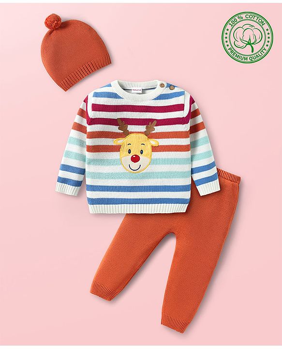 Babyhug Knitted Full Sleeves Pullover Sweater Set With Cap & Reindeer Patch Detailing - Orange