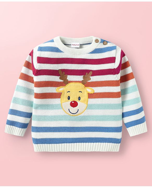 Babyhug Knitted Full Sleeves Pullover Sweater Set With Cap & Reindeer Patch Detailing - Orange