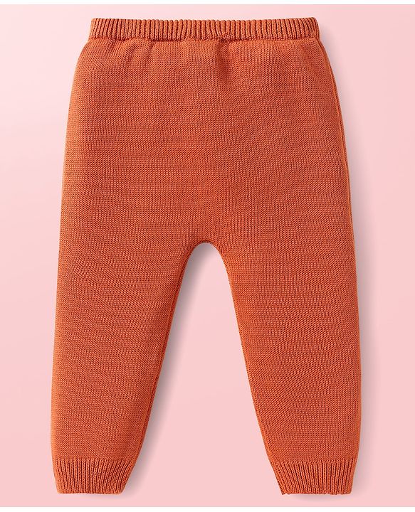 Babyhug Knitted Full Sleeves Pullover Sweater Set With Cap & Reindeer Patch Detailing - Orange