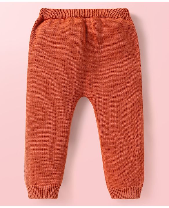Babyhug Knitted Full Sleeves Pullover Sweater Set With Cap & Reindeer Patch Detailing - Orange