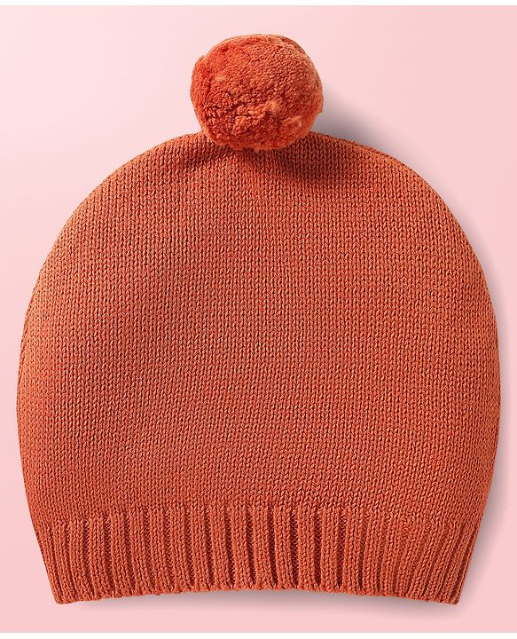 Babyhug Knitted Full Sleeves Pullover Sweater Set With Cap & Reindeer Patch Detailing - Orange